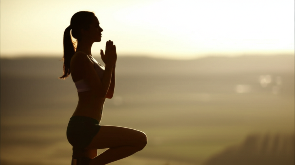 A silhouette of a person in a prayer pose at dawn or dusk, with subtle rays of sunlight (dawn) or starlight (dusk) filtering through their silhouette. They are wearing modest athletic wear. The background is a softly blurred landscape, implying a connection to nature and the broader world.