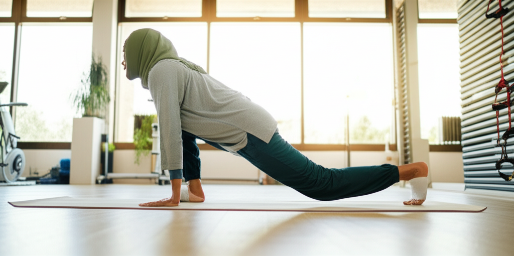 An image showing a person of Muslim faith, dressed in modest athletic wear suitable for their cultural norms (e.g., hijab and loose-fitting clothes for a woman, modest athletic pants and shirt for a man), confidently and gracefully performing a low-impact exercise such as yoga or a gentle stretching pose in a bright, clean, and welcoming indoor space like a home gym or studio. The focus should be on conveying a sense of calm, strength, and spiritual well-being.
