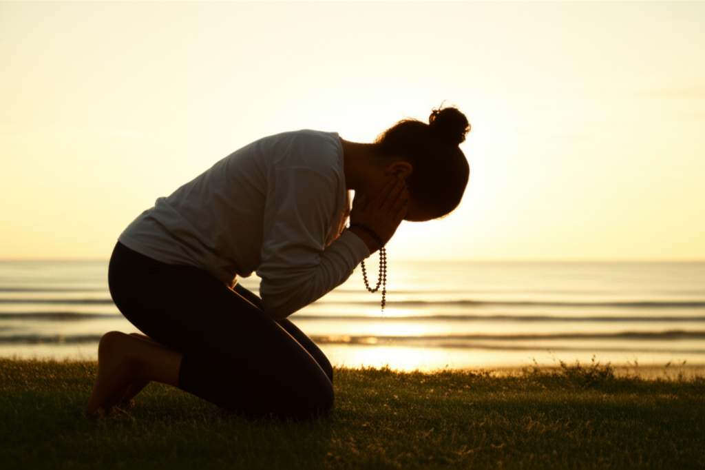 A silhouette of a person in modest workout attire (loose-fitting clothing covering arms and legs) striking a yoga-like prayer pose facing the sunrise/setting sun with prayer beads (tasbih) draped over their wrist. The background is a calm, natural scene like a beach or a grassy field.
