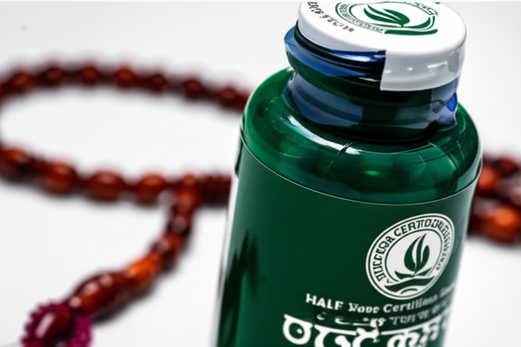 A close-up shot of a sealed halal-certified supplement bottle, with a subtle backdrop of praying beads partially visible and slightly blurred.