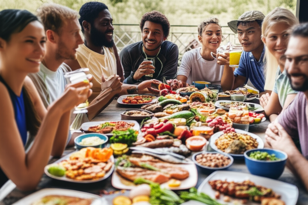 A diverse group of athletes (male and female, different ethnicities) are gathered around a table laden with colorful, healthy-looking halal-certified food. The food includes things like lean protein (grilled chicken/fish), fruits, vegetables, whole grains, and nuts. They're smiling and engaging in light conversation, suggesting a sense of community and shared well-being.