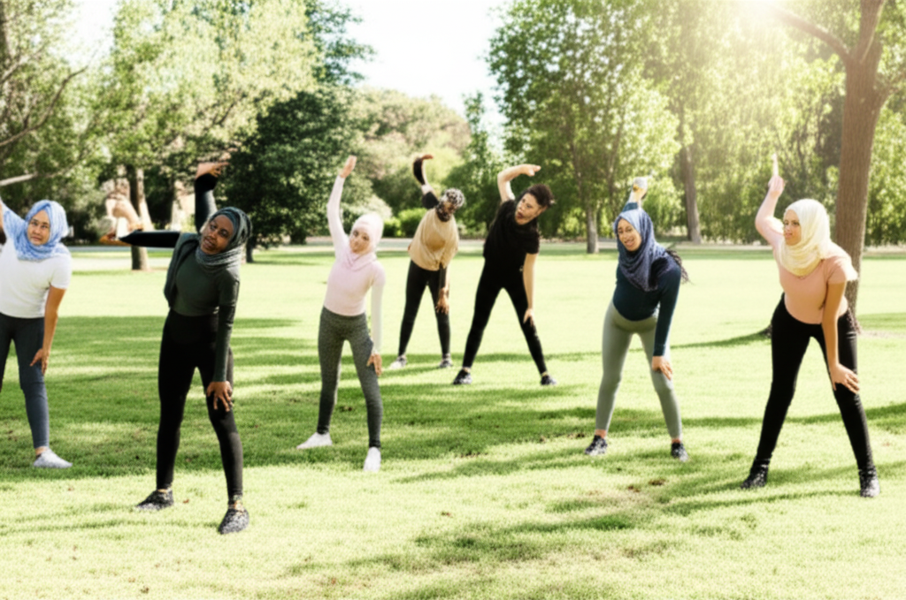 A diverse group of people, all modestly dressed in activewear suitable for Muslim cultural norms, participating in a lighthearted, friendly group stretching session outdoors in a sunny park.