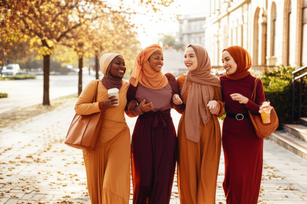An image featuring three Muslim women of varying skin tones and ethnicities, laughing and walking together down a leaf-strewn, sun-drenched city street in autumn. They are all wearing stylish, contemporary modest outfits in warm fall colors, with flowing fabrics and comfortable yet chic designs. One is carrying a latte, another a stylish tote bag. The overall impression is effortless joy, connection, and confident self-expression through modest fashion.