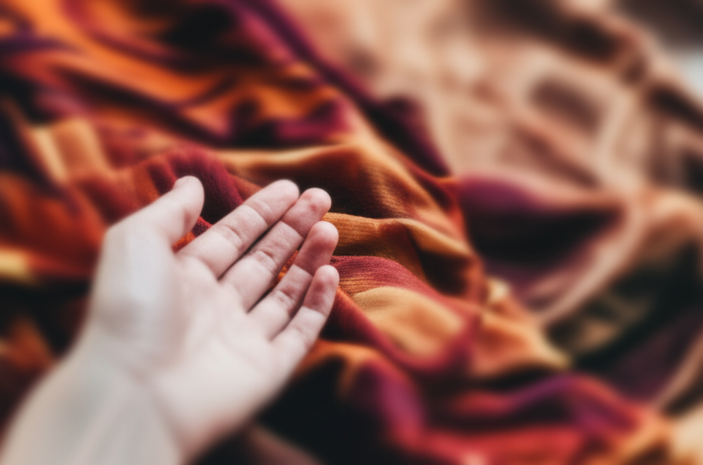 A close-up, slightly blurred image of a woman's hand gently reaching out to touch a soft, flowing fabric. The fabric has warm autumnal tones, like deep reds, burnt oranges, and muted browns. The background is softly blurred, suggesting a cozy and inviting environment.
