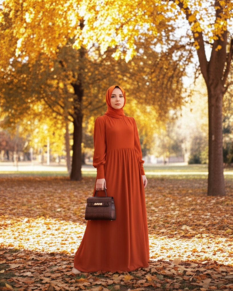 A woman stands confidently in a park filled with autumn foliage. She's wearing a flowing, ankle-length dress in a warm, autumnal color (like burnt orange or deep burgundy) with long sleeves. A hijab in a complementary color frames her face, and she's carrying a stylish, structured handbag. The sunlight is dappled through the trees, creating a sense of warmth and serenity.