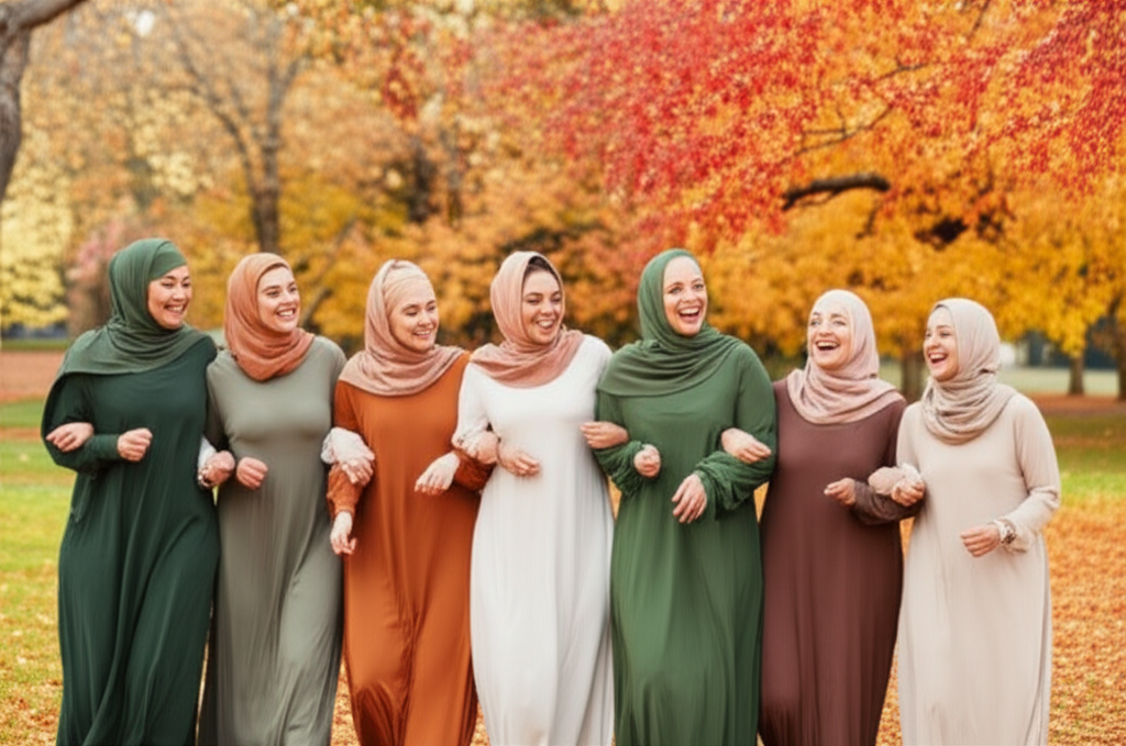 A warm, autumnal scene featuring a diverse group of Muslim women of different ages and skin tones laughing and walking together through a park with colorful fall foliage. They are all wearing stylish, modest clothing from the new collection in muted, earthy tones and comfortable fabrics.