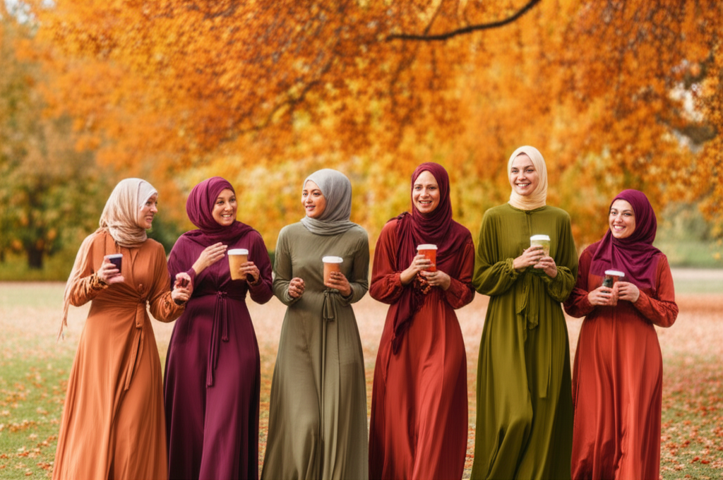 A group of diverse Muslim women, dressed in flowing, stylish, and modest autumn-toned clothing (think rust, olive, deep berry), walking through a park filled with vibrant fall foliage. Some are laughing and talking, others are adjusting scarves or holding takeaway coffee cups. The overall feel is warm, inviting, and showcases the clothes in a real-life, autumnal setting.