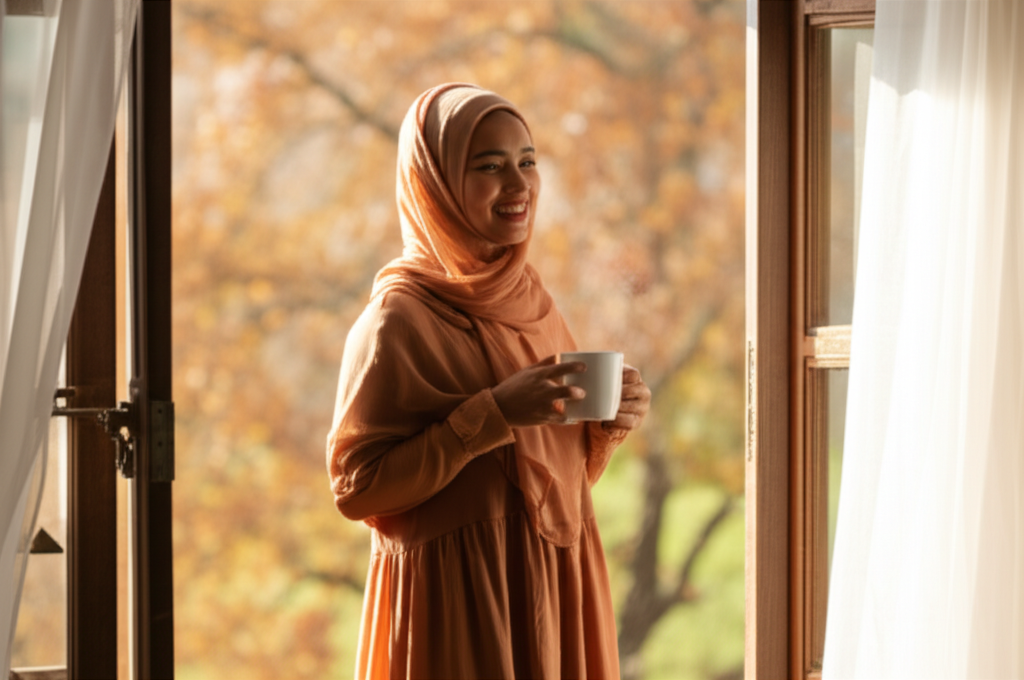 A young Muslim woman, smiling warmly, stands in a sun-drenched doorway wearing a flowing, earth-toned dress and a coordinating hijab. She's holding a steaming mug and looking slightly off-camera, as if engaging in a pleasant conversation. The doorway opens onto a blurred background of autumnal trees displaying warm fall colors.