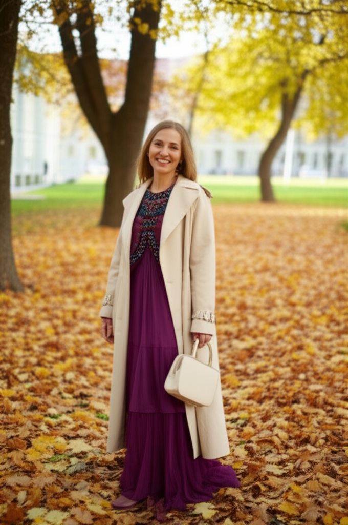 A woman, smiling warmly, stands in a park with fallen autumn leaves. She is wearing a long, flowing, jewel-toned dress with subtle embellishments, layered under a stylish, neutral-colored trench coat. She's carrying a simple, elegant handbag. The setting is soft and natural, suggesting everyday life yet refined style.