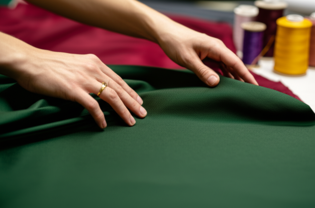 A close-up shot of hands delicately arranging the folds of a luxurious, textured fabric (perhaps a wool blend or a soft crepe) in a rich autumn color like deep burgundy or forest green. The background is softly blurred, suggesting a tailor's workshop or a designer's studio. The focus is entirely on the fabric and the hands' careful attention to detail.