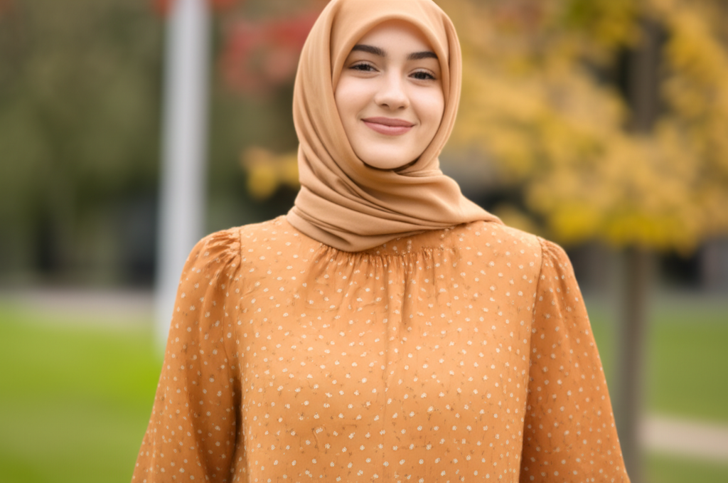 An image showcasing a woman from the waist up, smiling gently at the camera. She is wearing a flowing, long-sleeved dress in a warm autumn color (like terracotta or mustard yellow) with a delicate, subtle pattern. The dress is paired with a coordinating headscarf draped elegantly, allowing some of her face to be seen. She is standing outdoors in a soft, diffused light, with blurred autumn foliage visible in the background. The overall feel should be effortless, stylish, and welcoming.