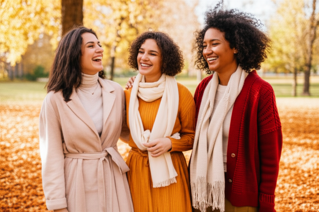 An image showing three women of diverse ethnicities, all wearing different outfits from the modest fall collection. The outfits should be visually appealing and contemporary, clearly showcasing fall colors and textures like corduroy, knits, and warm tones. The women should be standing together in a natural outdoor setting, like a park with autumn foliage, interacting with each other – perhaps one is adjusting another's scarf or they are all laughing together. The focus is on camaraderie and the stylishness of the clothing.