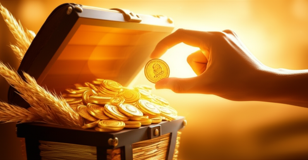 A hand gently placing a shining gold coin into a stylized, open treasure chest overflowing with more gold coins and golden wheat stalks, all bathed in warm, golden light.