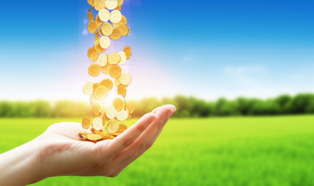 An upward-reaching hand, fingers slightly splayed, catching a cascade of golden coins that are radiating a soft, warm glow. The background is a blurred image of a lush, green field under a clear blue sky with gentle sunlight.