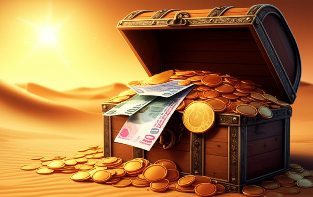 An open treasure chest overflowing with gold coins and banknotes, bathed in warm, golden sunlight.