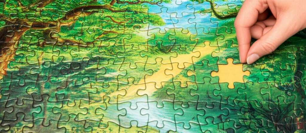 A tightly framed, upward-angled shot of a hand firmly placing the last piece of a stylized, golden jigsaw puzzle depicting a lush, verdant landscape filled with thriving trees and a flowing river. The rest of the puzzle is already complete.