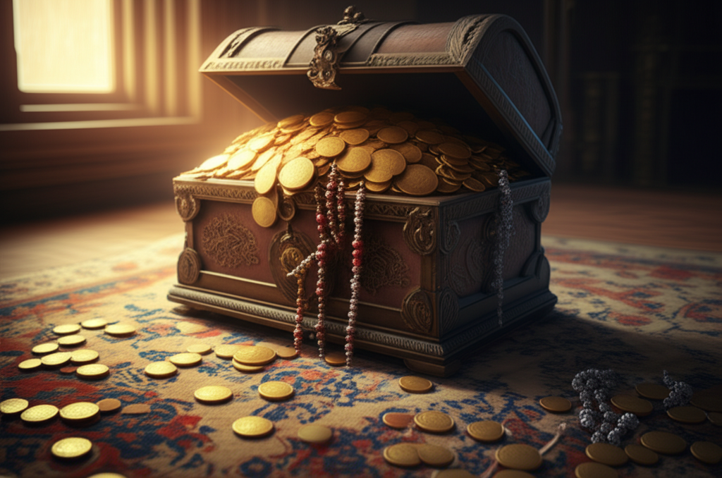 An open, ornate, wooden box overflowing with gold coins and strings of prayer beads spilling out onto a soft, intricately patterned rug. Light streams in from a window, illuminating the scene with a warm, inviting glow.