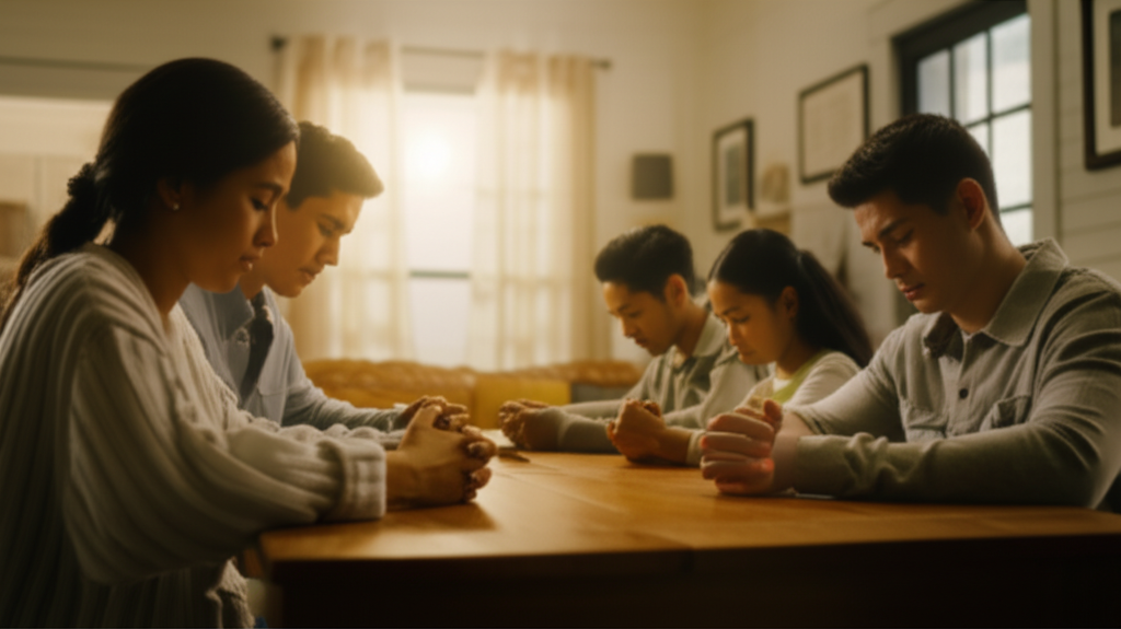 A family praying together in a well-lit, comfortable home setting. The focus is on the serene, thankful expressions on their faces, suggesting gratitude and contentment with what they have.