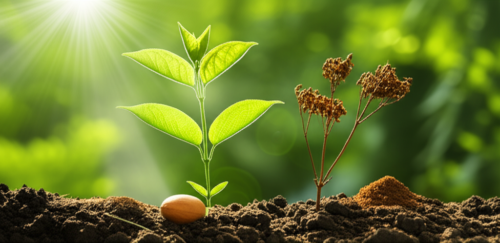 An image showing a single, healthy plant growing from a small seed, with a visible flow of light shining down upon it. Beside this flourishing plant is a dried-up, withered plant next to a small pile of dust. The scene is set in a vibrant, fertile garden.
