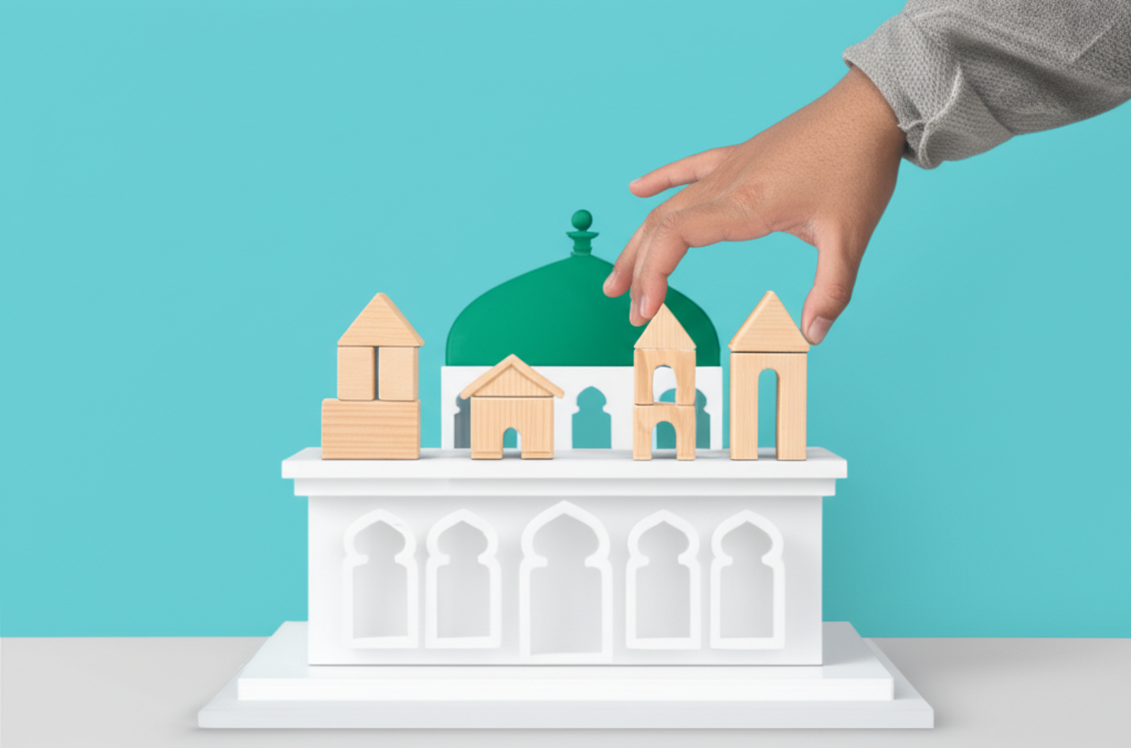 A hand gently placing different-shaped building blocks (representing diverse halal investments like real estate, ethical stocks, precious metals, etc.) onto a sturdy foundation of a stylized, simplified mosque.