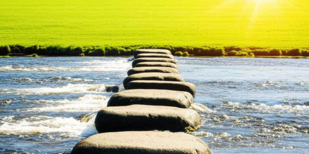 A set of stepping stones leading across a flowing river, with one stone appearing slightly larger and more stable than the others. The final stepping stone on the far side of the river leads to a lush green meadow bathed in sunlight.