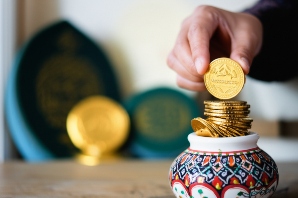 A visually appealing image of a hands gently stacking gold coins into a small, decorative, and traditionally Islamic-patterned ceramic jar. The coins should appear new and shiny, implying growth and value. The background should be soft and blurred, perhaps showing a glimpse of a home interior with Islamic art or calligraphy.
