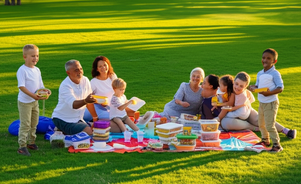 A diverse family (parents, grandparents, children of various ages) joyfully gathered around a colorful picnic blanket spread on a lush green lawn. The sun is setting, casting a warm golden glow. Some are laughing while playing a simple outdoor game like throwing a frisbee, others are sharing food from Halal-friendly containers, and a grandmother is gently embracing a grandchild. The overall feeling is one of warmth, connection, and contentment.