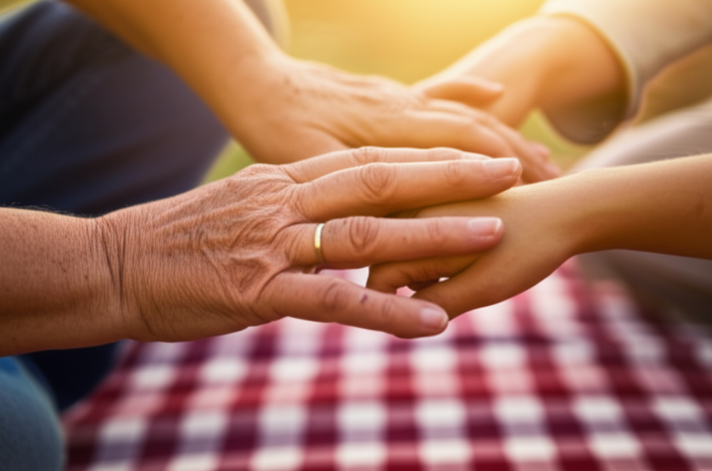 A close-up shot, slightly blurred in the background, focusing on several pairs of hands of different ages (grandparent, parent, child) coming together to hold a shared picnic blanket. The hands are varied in skin tone and may show subtle details like wrinkles, childhood scars, or simple rings, all conveying love and connection. Golden hour light bathes the hands, creating a warm, peaceful feeling.