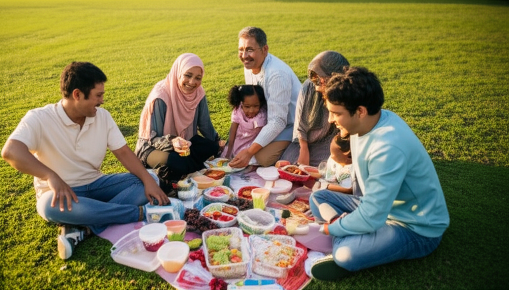 A slightly overhead shot showing a diverse family (grandparents, parents, and children of varying ages) gathered closely around a picnic blanket spread on a grassy field bathed in the warm, golden light of late afternoon. The blanket is laden with colorful Halal-friendly food containers and picnic essentials. The faces of the family are turned towards the center, all smiling and engaged in a shared moment – perhaps a small child is reaching for a piece of fruit, or a grandparent is telling a story. Focus is on the genuine connection and warmth radiating from their expressions and postures.
