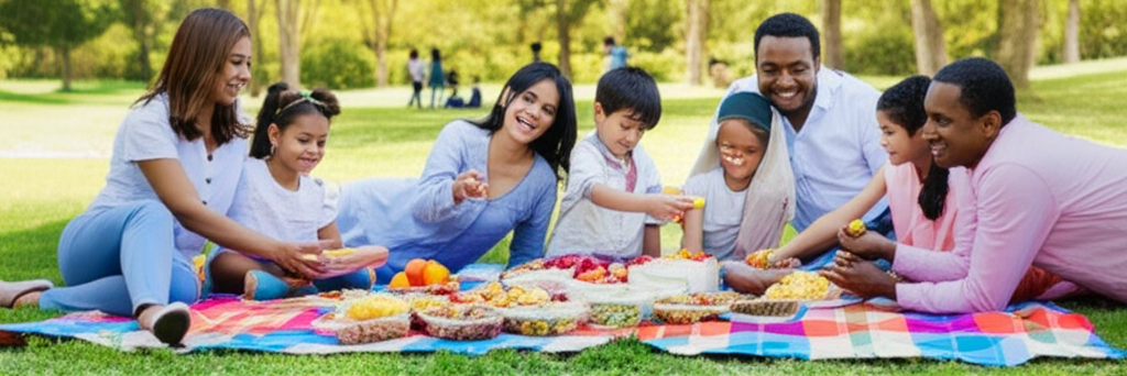 A wide-angle shot showing a diverse family, including children and grandparents, gathered around a colorful picnic blanket in a sunny park. The blanket is laden with visually appealing Halal food items displayed in attractive containers. Focus on genuine smiles and laughter as they interact, perhaps a child reaching for a piece of fruit or a grandparent sharing a story with a grandchild. The background subtly showcases other families enjoying the park, reinforcing the community atmosphere.