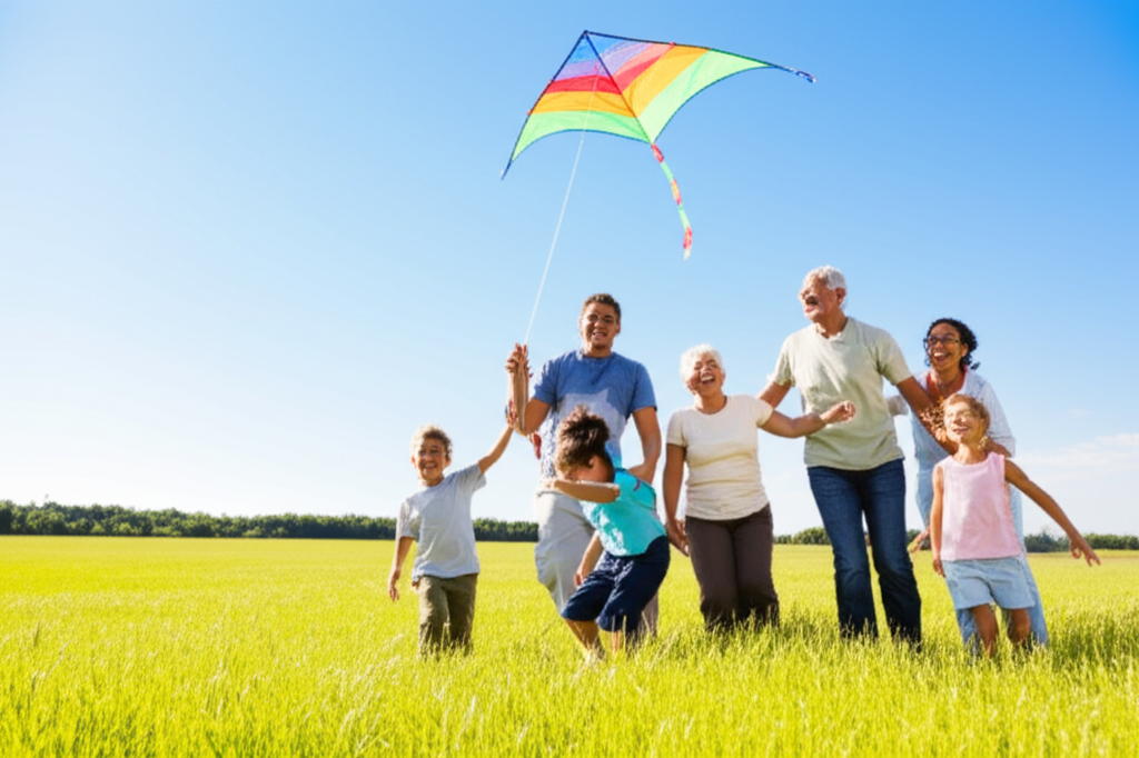 A wide shot of a diverse family (parents, children, grandparents perhaps) laughing together as they fly a brightly colored kite in a sunny, open field. They're casually dressed and the focus is on their joyful interaction and the kite soaring above them.