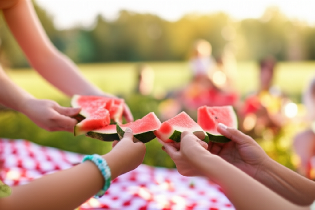 A visually soft-focused shot of a family's hands coming together in the center of a picnic blanket, holding pieces of watermelon. The background shows blurred, sun-dappled grass and a glimpse of other family members laughing in the distance.