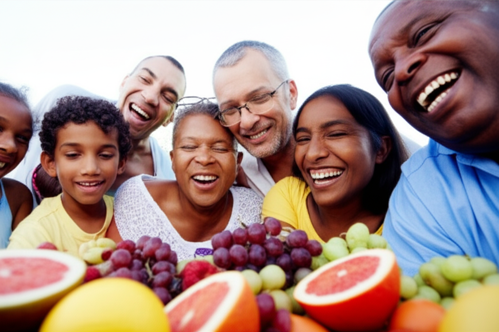 A close-up shot showing a diverse group of family members, from children to grandparents, laughing and sharing a colorful fruit platter outdoors during a picnic. The focus is on their genuine smiles and the vibrant colors of the fruit.