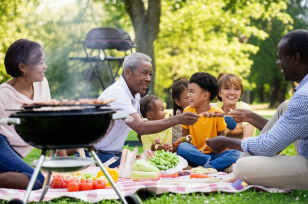 A low-angle shot capturing a diverse family (parents, grandparents, children) gathered around a picnic blanket in a sun-dappled park. The focus is on the joy and interaction: a child laughing as a grandparent playfully tries to feed them a piece of grilled halal meat on a skewer, while the other family members watch with smiles. In the background, slightly blurred, is a portable BBQ grill with visible steam and the suggestion of other picnic-friendly food items.