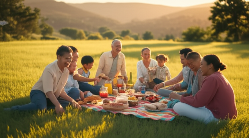 A wide-angle shot showcasing a diverse family (grandparents, parents, children) joyfully interacting during a picnic in a sun-drenched meadow. Golden hour light bathes the scene, creating long, warm shadows and highlighting laughter on their faces. A colorful picnic blanket laden with food is visible, suggesting a celebratory meal. The background is a soft focus of rolling hills and distant trees, emphasizing the picturesque outdoor setting.