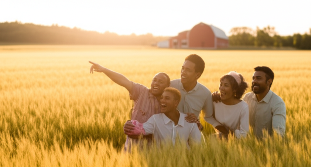 A diverse family, smiling and laughing, is silhouetted against a backdrop of a vast, golden wheat field under a warm sunset. One family member is pointing towards a distant, traditional-looking red barn. All figures are dressed in modest, comfortable clothing suitable for outdoor activities.