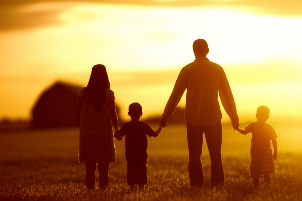 A warmly lit, slightly blurred photograph showing a family (parents and two young children) silhouetted against a sunset backdrop. They are standing in a grassy field, holding hands, and looking towards a distant barn. The scene evokes a feeling of peace, togetherness, and the beauty of the countryside.