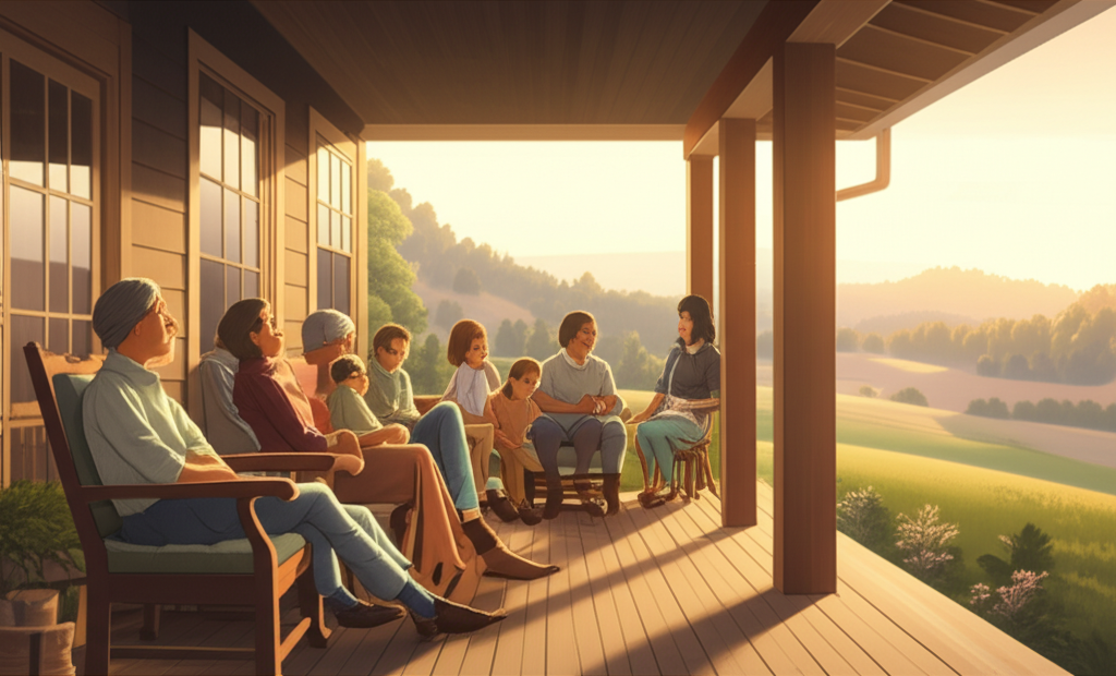A warmly lit, inviting farmhouse porch at sunset. The focus is on a diverse family (parents, grandparents, children) gathered comfortably on the porch, enjoying each other's company. The scene suggests peace and tranquility, with rolling green hills visible in the background. The overall mood is welcoming and wholesome.