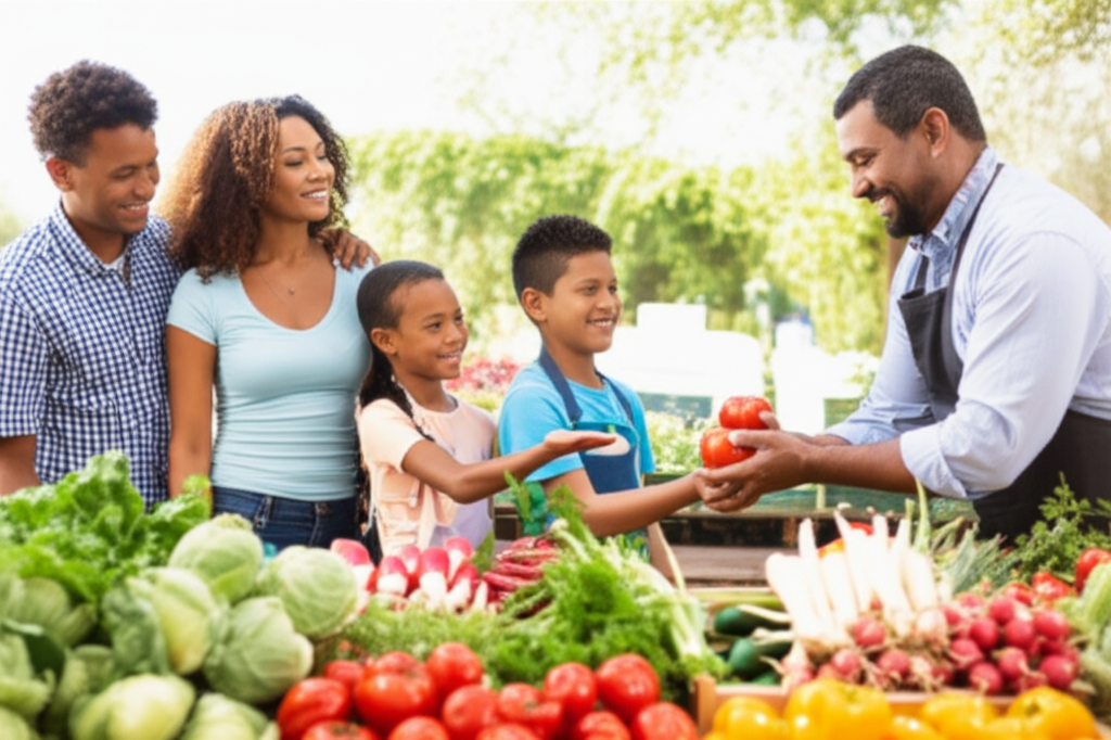 A diverse family, including children, smiles as they stand among rows of vibrant, colorful vegetables at a sunny outdoor farmer's market. The farmer, also smiling, is handing a bright red tomato to one of the children.