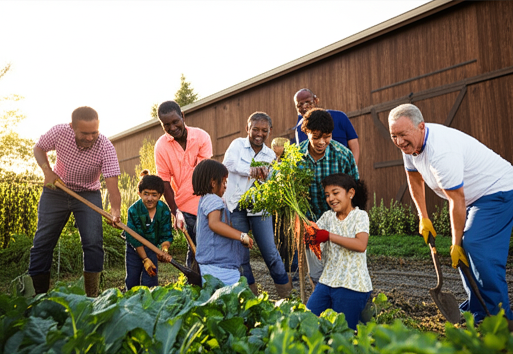 A diverse group of people (children, parents, and grandparents) are laughing and helping each other harvest vegetables from a community garden, with a picturesque, sun-drenched barn visible in the background.