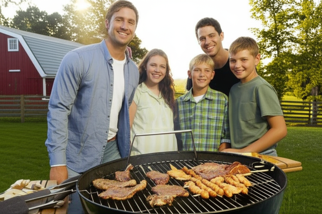 A family (mother, father, two children) smiling and standing around a smoking BBQ grill in a picturesque, sunny, rural setting. The grill has a variety of cooked halal meats on it (e.g., lamb chops, chicken skewers). The family is casually dressed and appears happy and relaxed. Behind them, there's a hint of a red barn and green fields, subtly suggesting a farm stay.