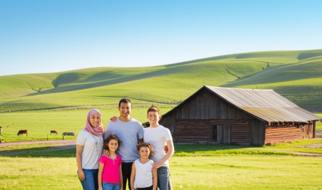 A family of five (parents, two younger children, and one teenager) stands smiling in front of a rustic barn. The mother wears a modest headscarf. The surrounding landscape shows rolling green hills, a few grazing cows in the distance, and a clear blue sky. The overall feeling is warm, inviting, and serene.