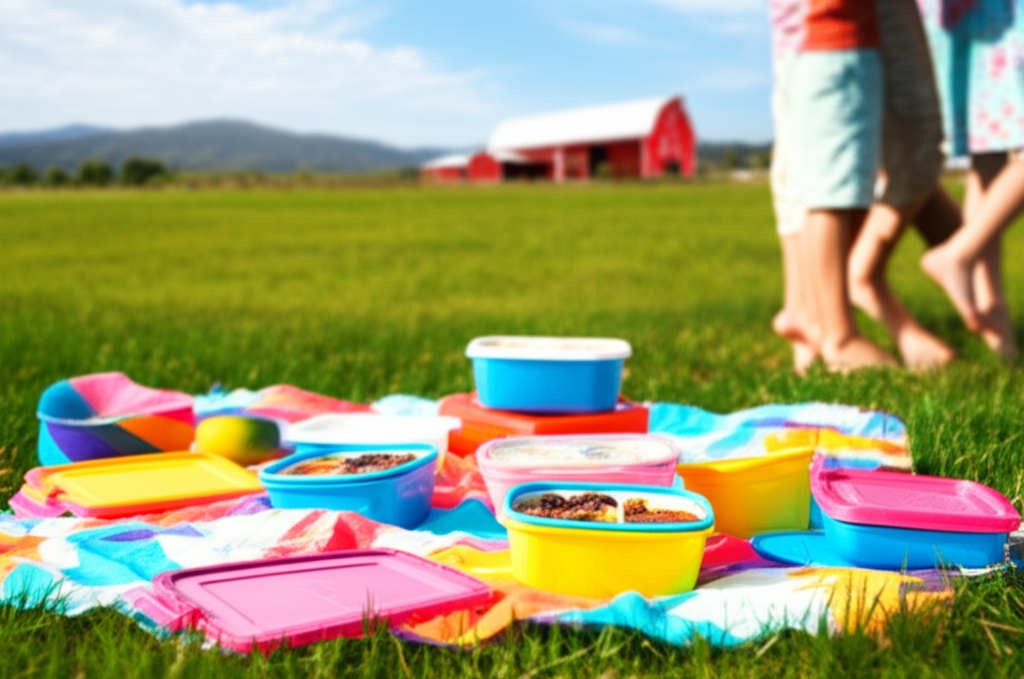A sun-drenched picnic blanket spread out on a lush green lawn. On the blanket are various colorful, reusable food containers filled with what appear to be pre-prepared meals. Around the blanket, slightly blurred, are the lower legs and bare feet of two adults and two small children, suggesting a family is about to enjoy the meal. The backdrop is a picturesque farm scene with a red barn and rolling hills.