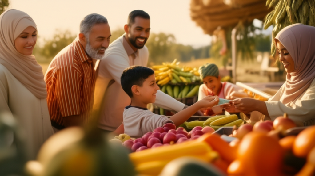 A warmly lit, slightly out-of-focus scene depicting a multigenerational Muslim family (grandparents, parents, children) happily interacting at a rural farm stand. The focus is on the family, but the background clearly shows displays of fresh produce like corn, apples, and pumpkins. One of the children is handing money to a smiling, hijab-wearing woman behind the stand. The overall feeling is one of connection, joy, and wholesome community engagement.