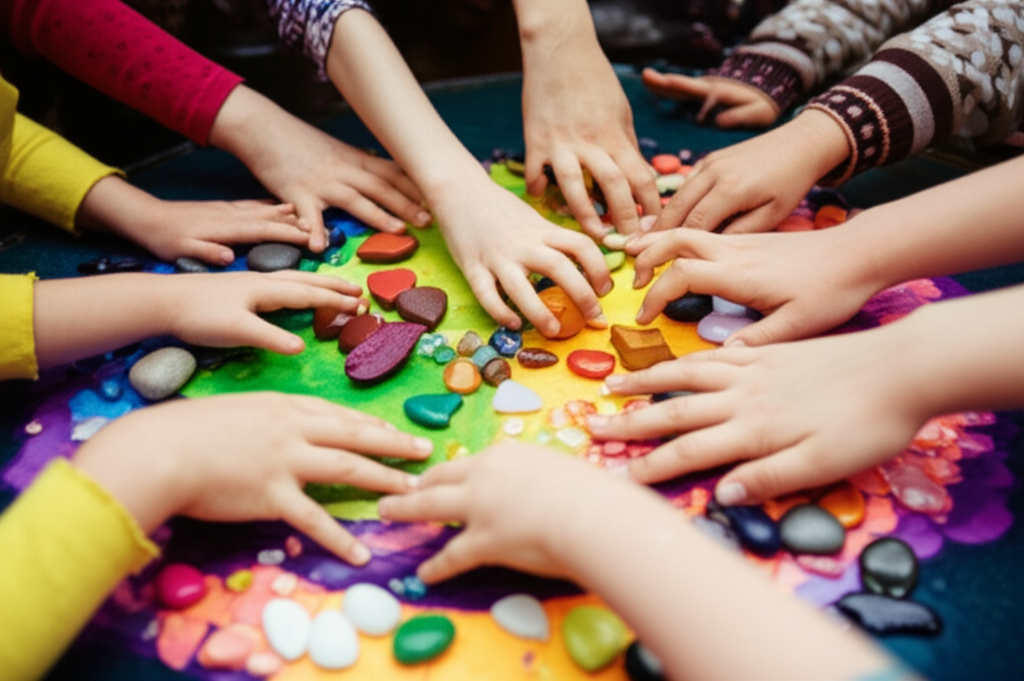 A softly lit, overhead shot showing diverse hands of different ages reaching into the center of a brightly colored game board with halal-friendly game pieces (e.g., wooden shapes, gemstones, smooth river stones) arranged around the board, suggesting a collaborative activity.