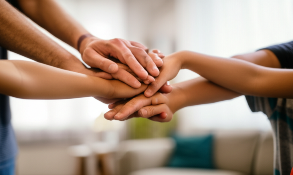 A warmly lit, slightly out-of-focus close-up showing a stack of hands (adults and children) clasped together in the center of a softly lit living room.