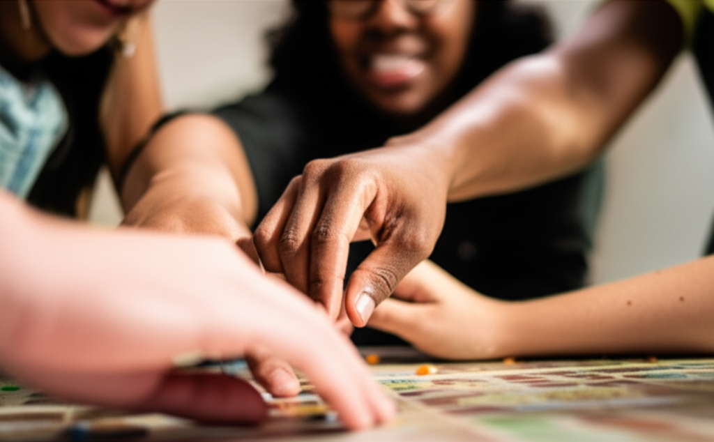A warm, slightly out-of-focus shot of a diverse family's hands (different skin tones, possibly showing a mix of ages) reaching towards the center of a game board, implying a shared activity and focus. The game board should not be fully visible or identifiable; the focus is on the connection and shared experience, not the specific game.