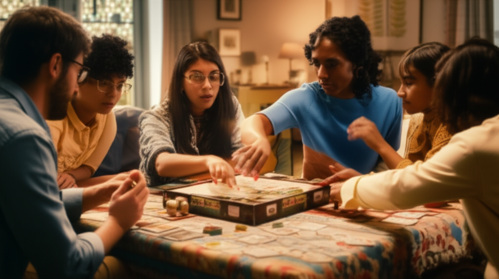 A slightly overhead shot of a diverse family (representing various ethnicities and ages) gathered around a coffee table. The table is covered with a brightly colored, patterned tablecloth. Dominating the center is an open board game box. Several hands are reaching towards the game pieces and cards, blurring slightly with movement, suggesting active play. The background is softly lit, showing a comfortable living room with cozy furniture and warm tones, hinting at a welcoming and relaxed atmosphere. The family's faces are partially visible, showing expressions of concentration and amusement, but not overly posed.