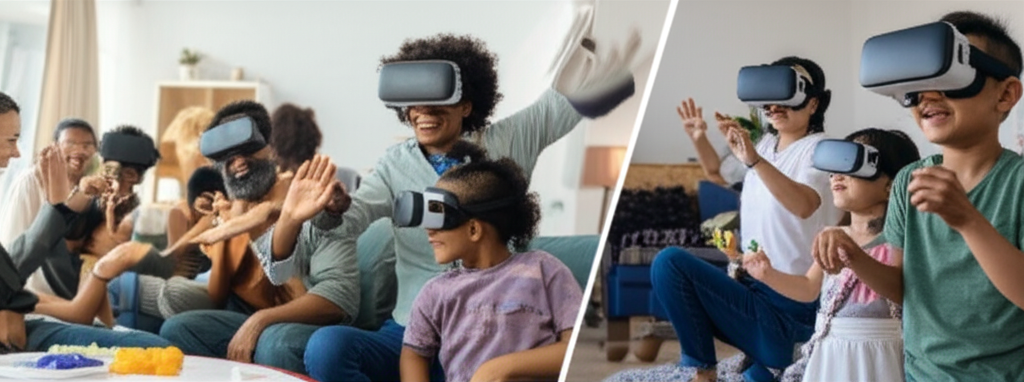 An image showing a split-screen composition. One side features a diverse family laughing and joyfully playing a game of charades in a cozy living room. The other side shows a family participating in a cooperative virtual reality game (like a puzzle game or simple exploration). Both scenes visually emphasize positive, family-friendly, and non-violent activities.
