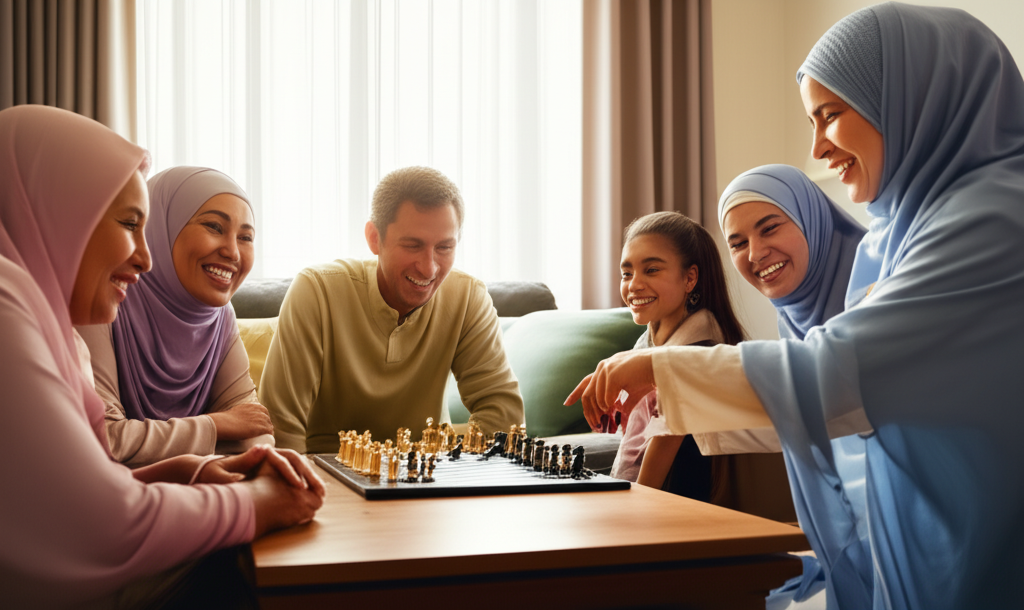 The image should show a diverse family (parents, children, grandparents) gathered around a coffee table. On the table, there is a chessboard where the pieces have been subtly replaced with pieces that represent positive Islamic values or characters (e.g., knights replaced with scholars, pawns replaced with community helpers). Everyone is smiling and engaged in the game. There's a warm, inviting light in the room suggesting a comfortable and loving home environment.